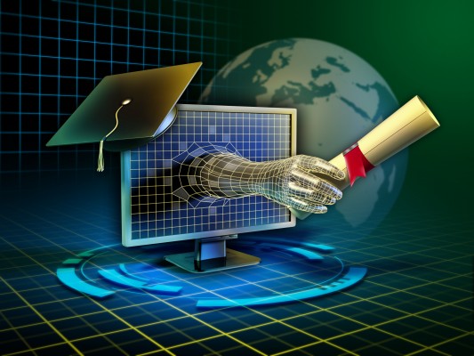 Android hand emerges from a monitor and delivers a diploma. Digital illustration.